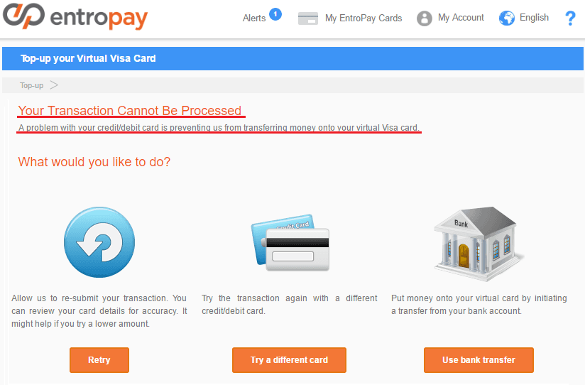 entropay 入金を失敗した時の画面