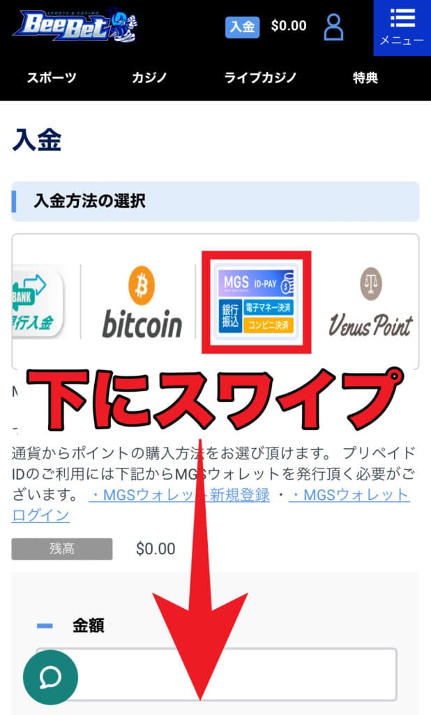 BeeBetにMGSで入金する方法