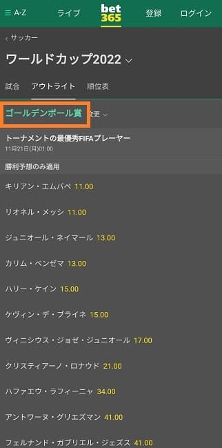 bet365ワールドカップ2022MVPや得点王などの個人賞