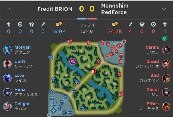 狙い目タイミングのスコア状況スクショ（LCKのBRO vs NS)