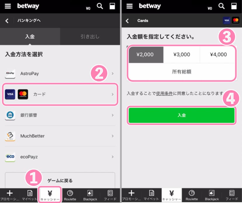 BetWay クレジットカードの入金方法