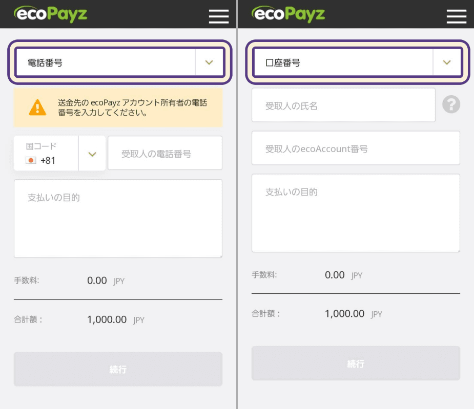 エコペイズ 送金方法を入力