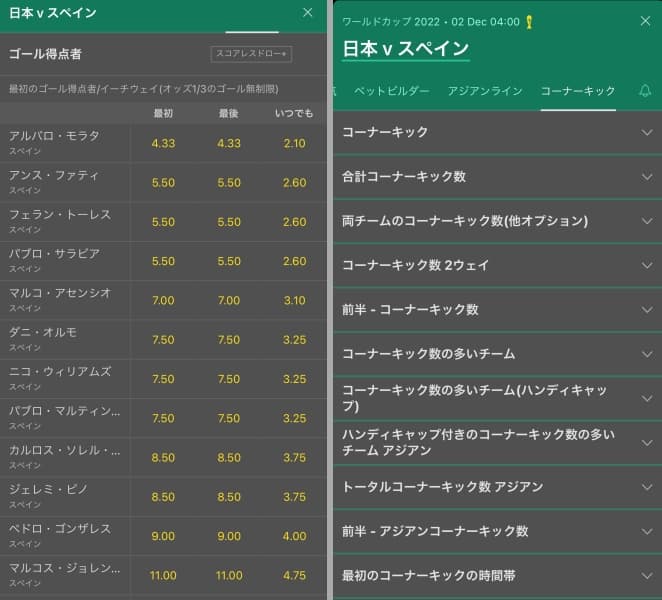 ブックメーカー　日本対スペインの画面