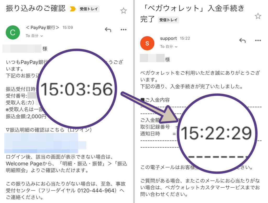 振込確認メールと入金手続き完了メール