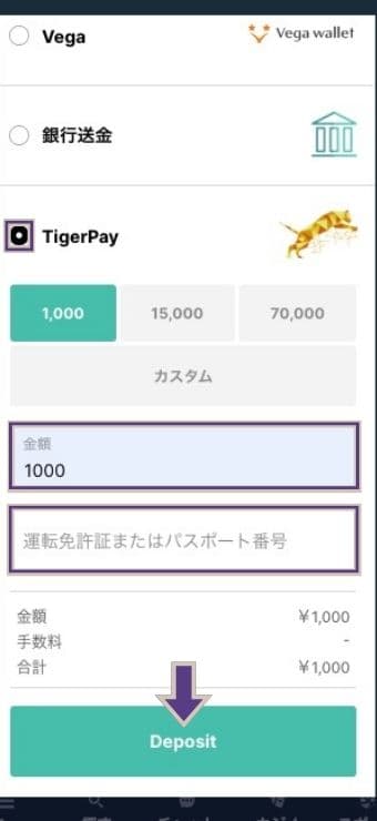 TIGER PAYの金額入力と身分証明書番号入力