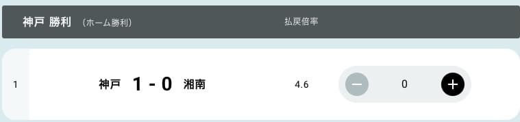 神戸対湘南1-0のオッズ