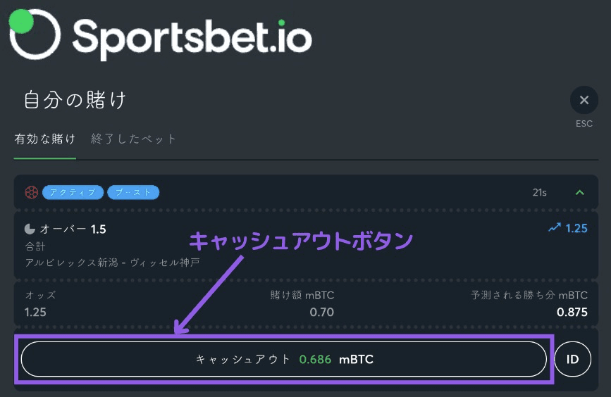 スポーツベットアイオーキャッシュアウトボタン