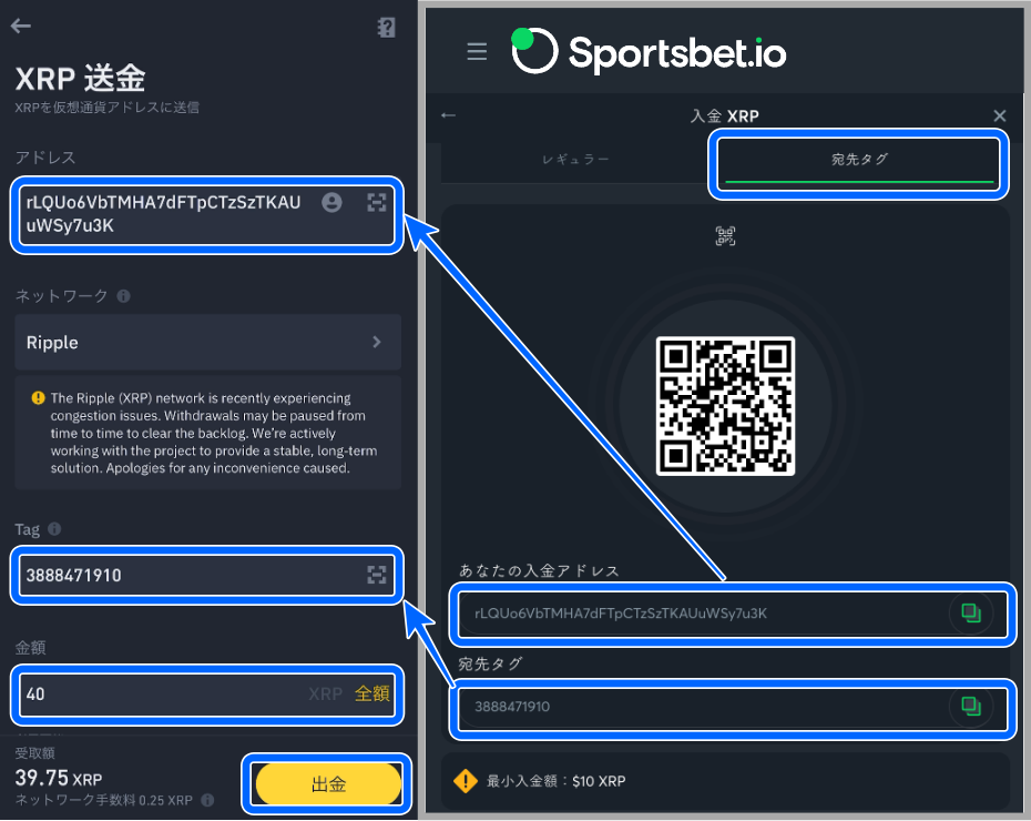入金アドレスとタグを入力