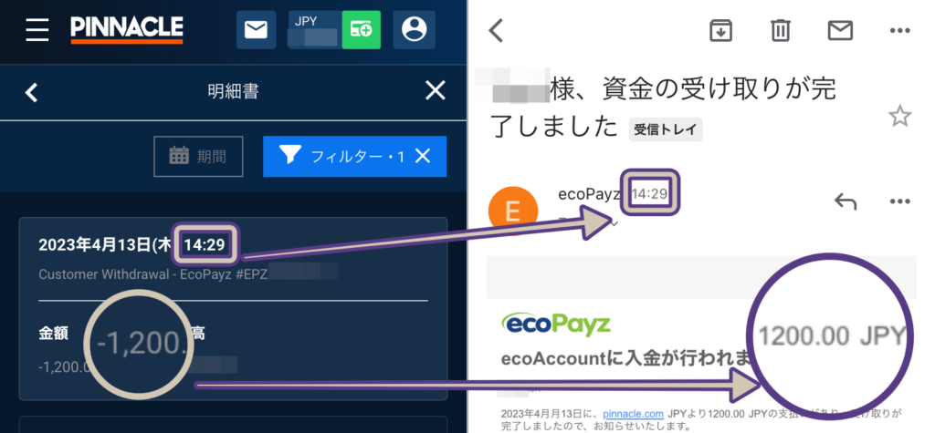 ピナクルでペイズから出金する方法、着金を確認