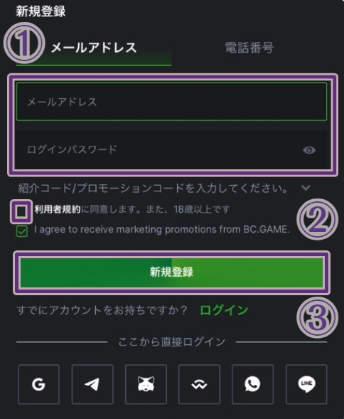 BC.GAME 登録方法①